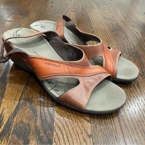 MERRELL Primrose Brown & Orange Leather Slingback Wedge Sandals